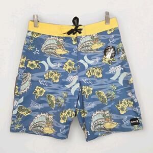 HURLEY BOYS SWIM TRUNKS XL 14/27 8.5" INSEAM NWT $38 Unlined Surf Skeleton Skull